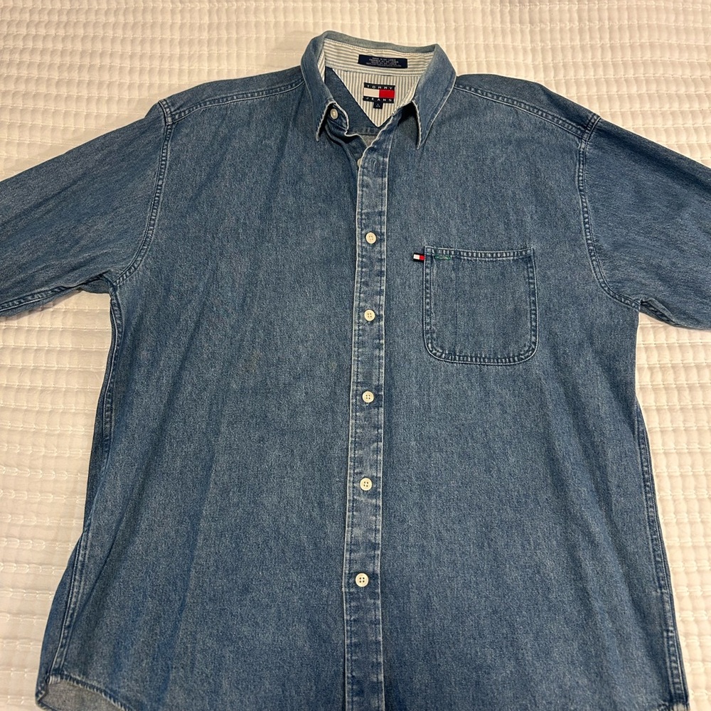Vintage 90s Tommy Jeans Tommy Hilfiger Classic Blue Denim Shirt men’s size large - Picture 3 of 8